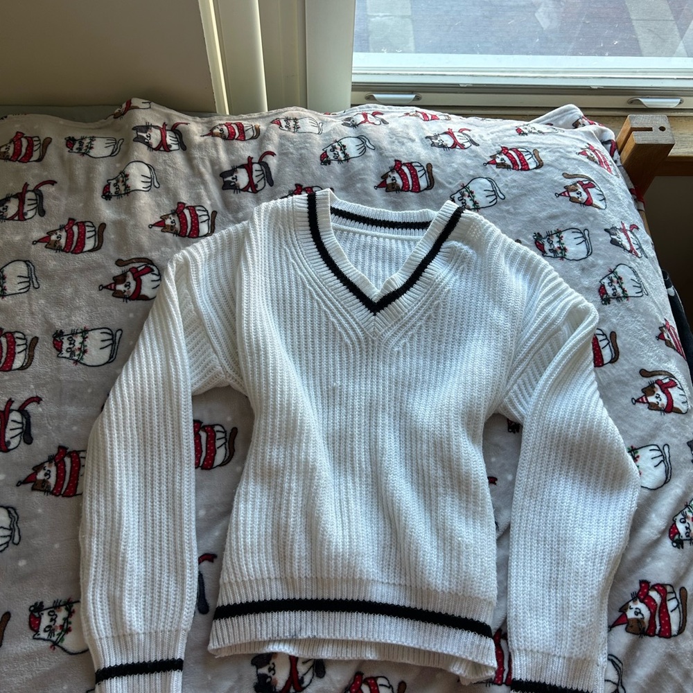 White V-Neck Sweater with Black Trim